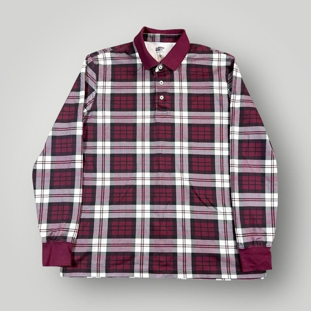 Lands' End Polo‎ Shirt Mens LT Red Plaid Long Sleeve Traditional Fit Big Tall